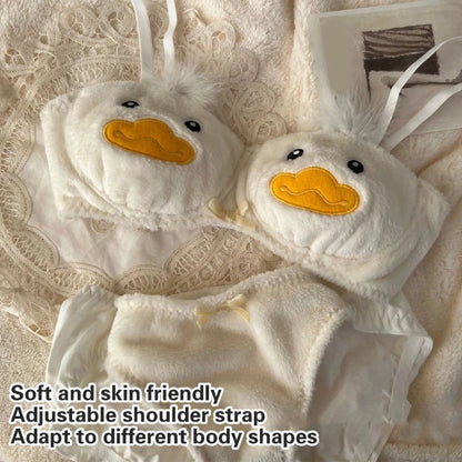 Women's Cartoon Panda Pattern Winter Lingerie Furry Plush Bra and Panty Set School Girl Japanese Anime Cosplay Underwear