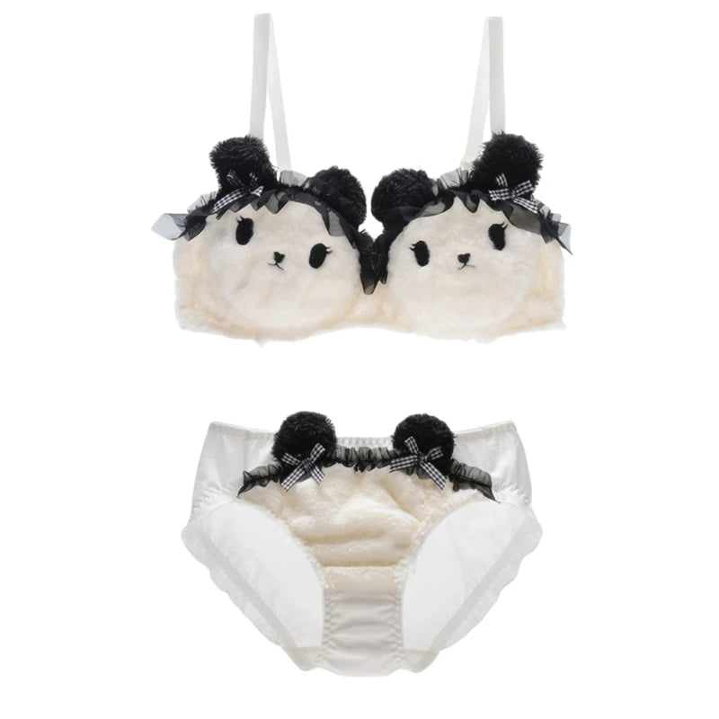 Women's Cartoon Panda Pattern Winter Lingerie Furry Plush Bra and Panty Set School Girl Japanese Anime Cosplay Underwear