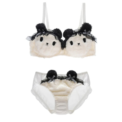 Women's Cartoon Panda Pattern Winter Lingerie Furry Plush Bra and Panty Set School Girl Japanese Anime Cosplay Underwear