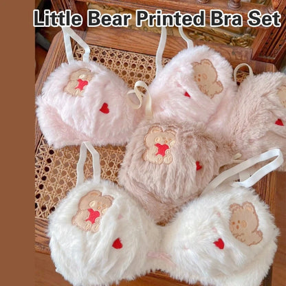 Women's Cartoon Panda Pattern Winter Lingerie Furry Plush Bra and Panty Set School Girl Japanese Anime Cosplay Underwear