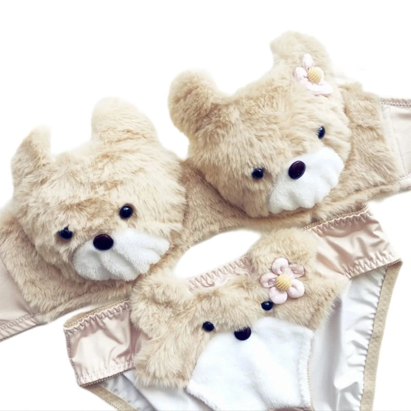 Women's Cartoon Panda Pattern Winter Lingerie Furry Plush Bra and Panty Set School Girl Japanese Anime Cosplay Underwear