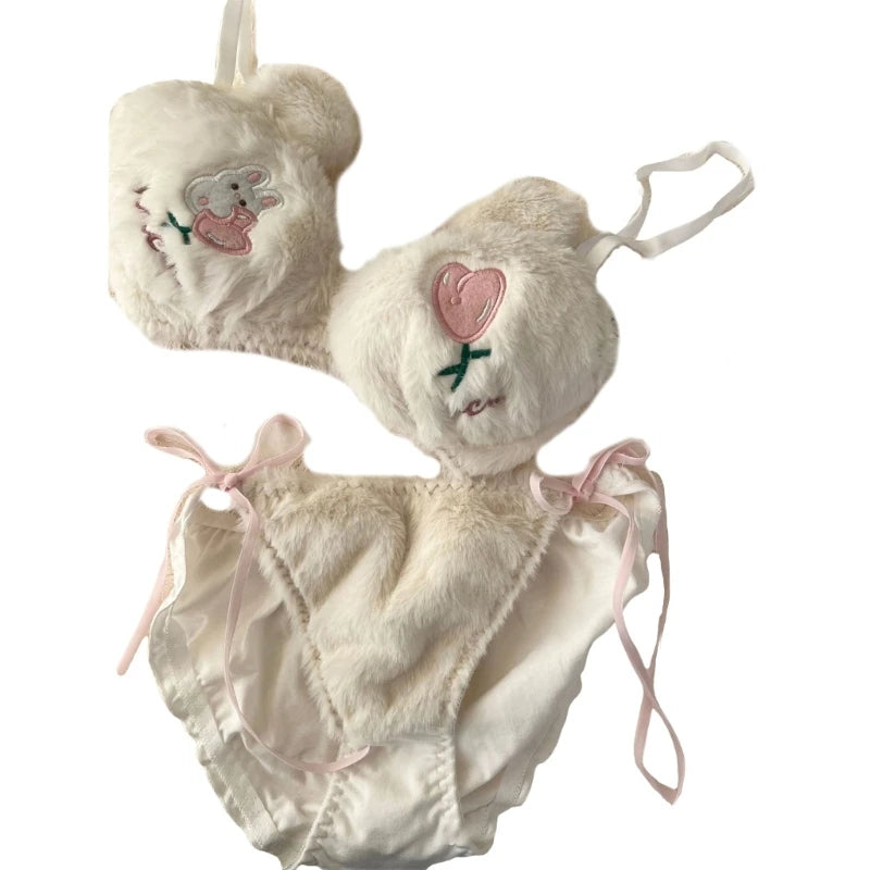 Women's Cartoon Panda Pattern Winter Lingerie Furry Plush Bra and Panty Set School Girl Japanese Anime Cosplay Underwear