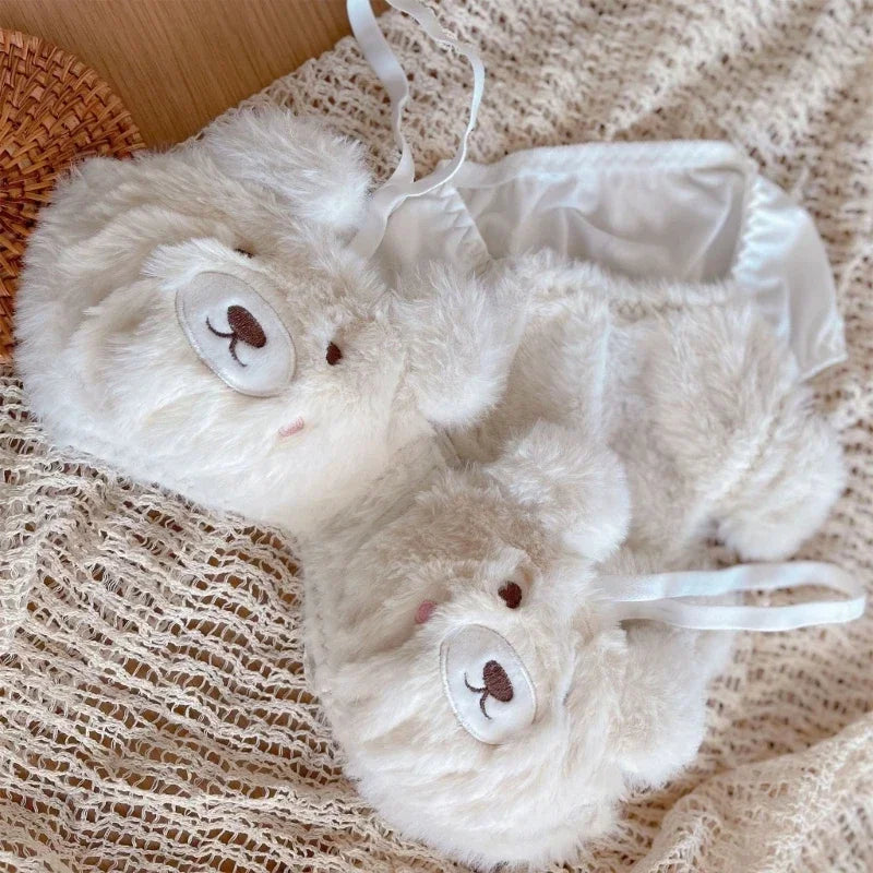 Women's 2Pcs Furry Bra and Panty Set Bear Pattern Fuzzy Plush Wireless Brassiere Underwear Japanese Anime Lingerie