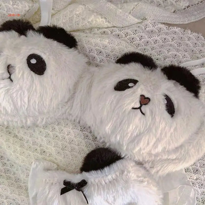 Women's Cartoon Panda Pattern Winter Lingerie Furry Plush Bra and Panty Set School Girl Japanese Anime Cosplay Underwear