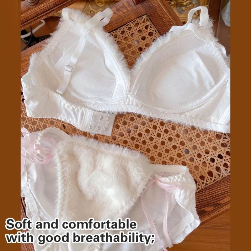 Women's Cartoon Panda Pattern Winter Lingerie Furry Plush Bra and Panty Set School Girl Japanese Anime Cosplay Underwear