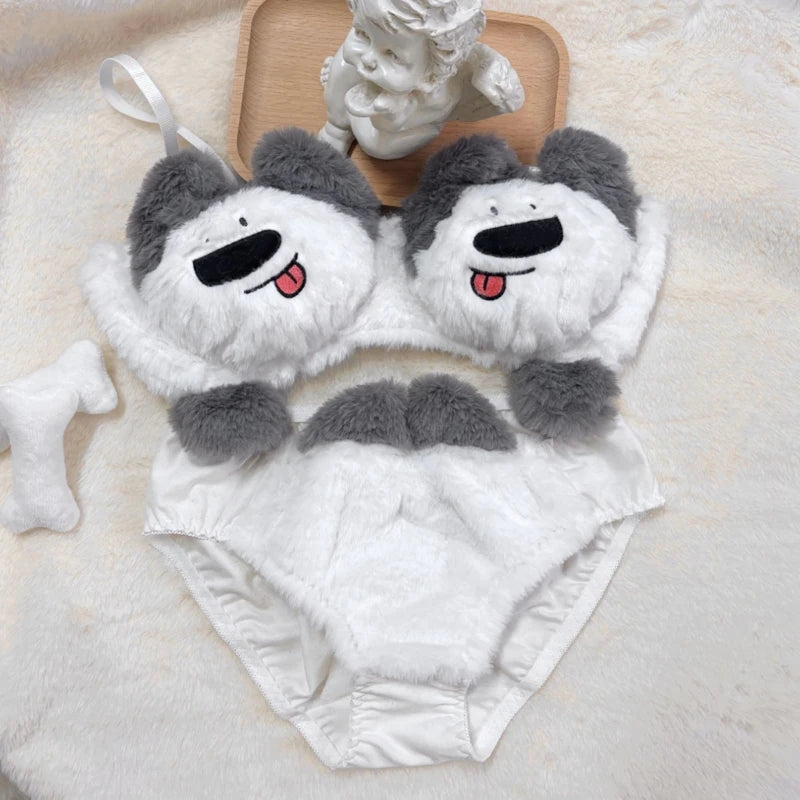 Women's Cartoon Panda Pattern Winter Lingerie Furry Plush Bra and Panty Set School Girl Japanese Anime Cosplay Underwear