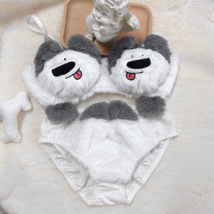Women's Cartoon Panda Pattern Winter Lingerie Furry Plush Bra and Panty Set School Girl Japanese Anime Cosplay Underwear