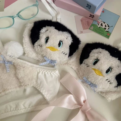 Women's Cartoon Panda Pattern Winter Lingerie Furry Plush Bra and Panty Set School Girl Japanese Anime Cosplay Underwear