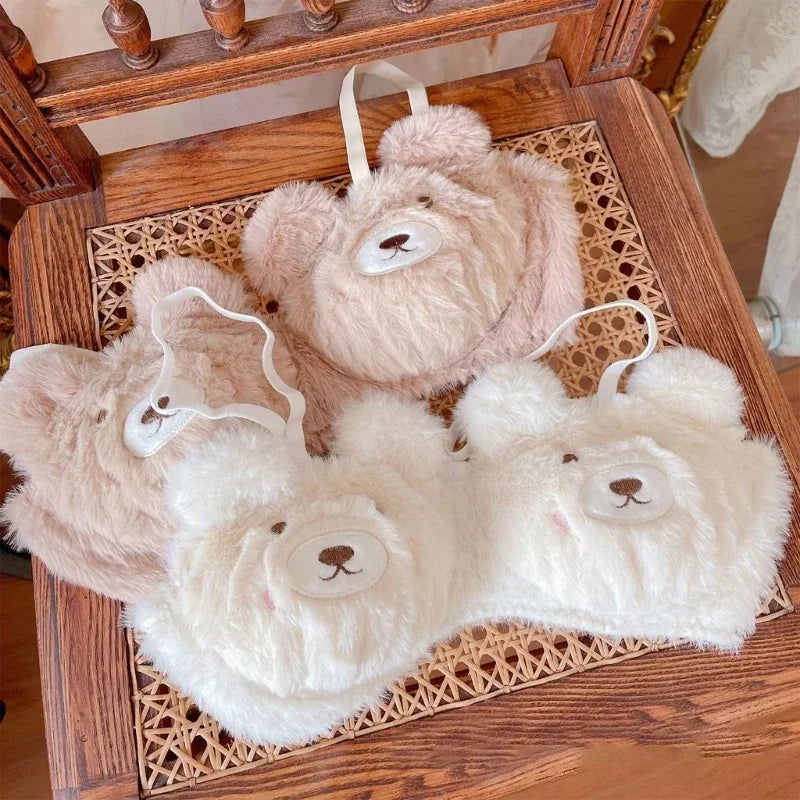 Women's 2Pcs Furry Bra and Panty Set Bear Pattern Fuzzy Plush Wireless Brassiere Underwear Japanese Anime Lingerie
