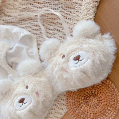 Women's 2Pcs Furry Bra and Panty Set Bear Pattern Fuzzy Plush Wireless Brassiere Underwear Japanese Anime Lingerie