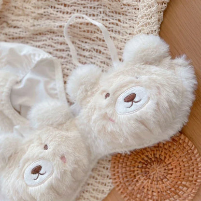 Women's 2Pcs Furry Bra and Panty Set Bear Pattern Fuzzy Plush Wireless Brassiere Underwear Japanese Anime Lingerie