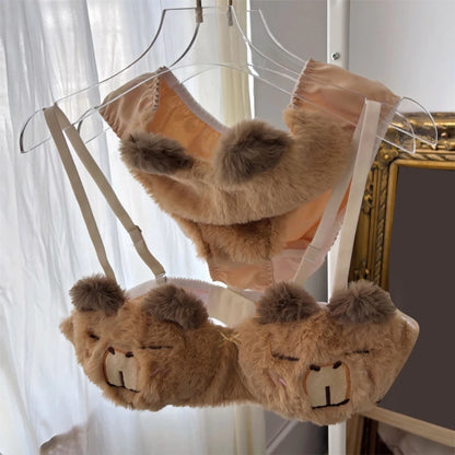 Women's Cartoon Panda Pattern Winter Lingerie Furry Plush Bra and Panty Set School Girl Japanese Anime Cosplay Underwear